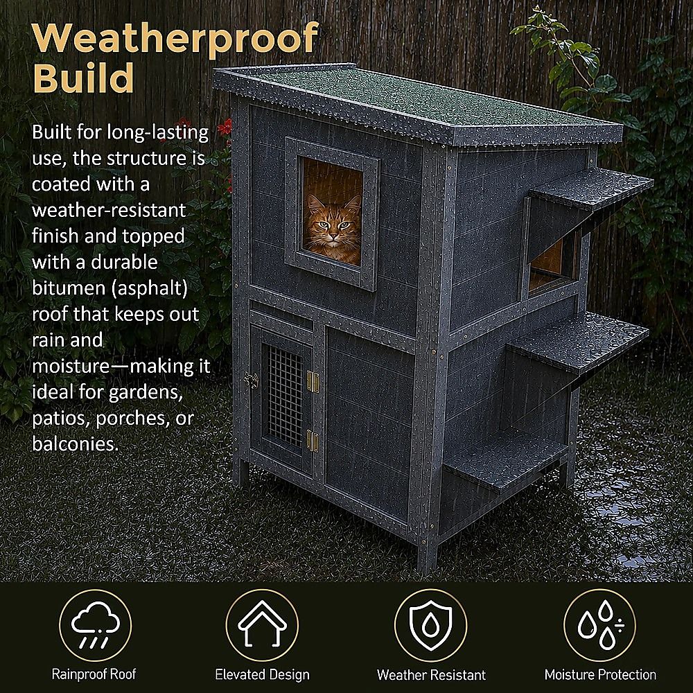 Cat House Weatherproof 2-Story Indoor Outdoor Wooden Shelter Bitumen Roof