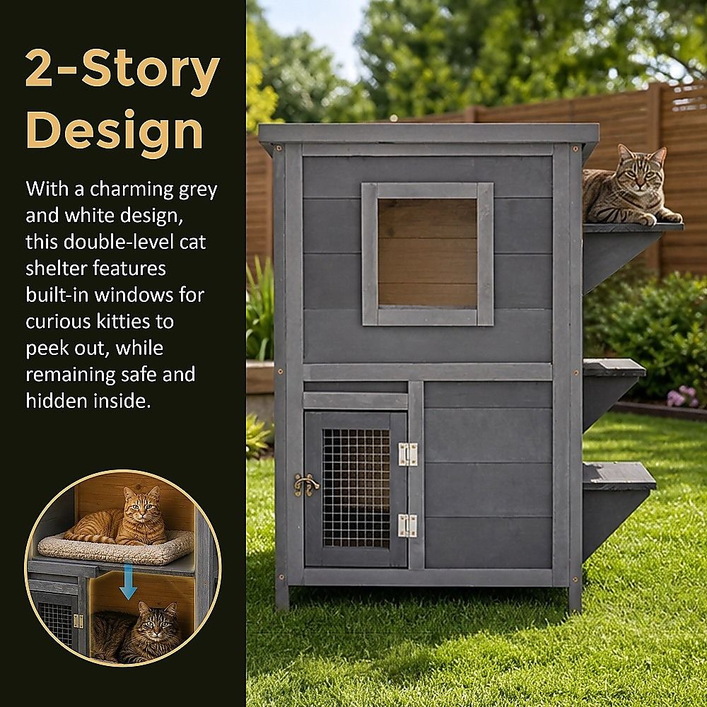 Cat House Weatherproof 2-Story Indoor Outdoor Wooden Shelter Bitumen Roof