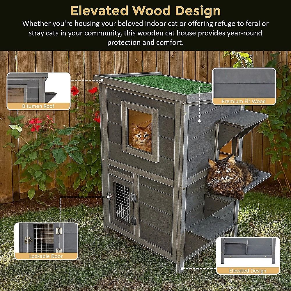 Cat House Weatherproof 2-Story Indoor Outdoor Wooden Shelter Bitumen Roof