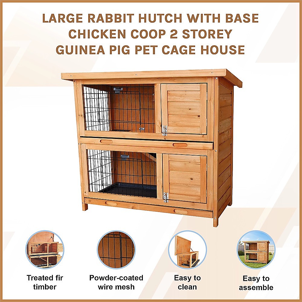 Large Rabbit Hutch with BASE Chicken Coop 2 Storey Guinea Pig Pet Cage House V63-840521