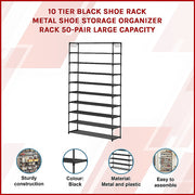 10-Tier Metal Shoe Rack Black - Large 50-Pair Shoe Storage Organiser Shelf V63-840551