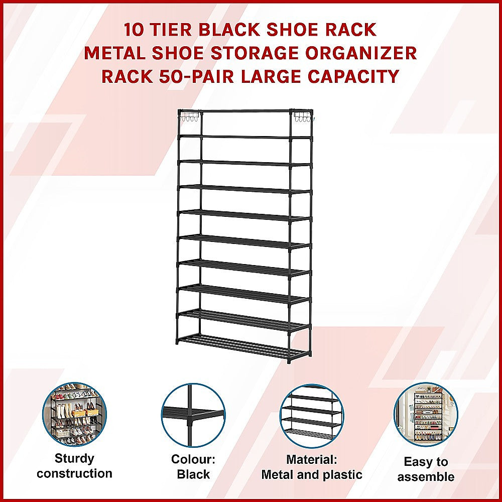 10-Tier Metal Shoe Rack Black - Large 50-Pair Shoe Storage Organiser Shelf V63-840551