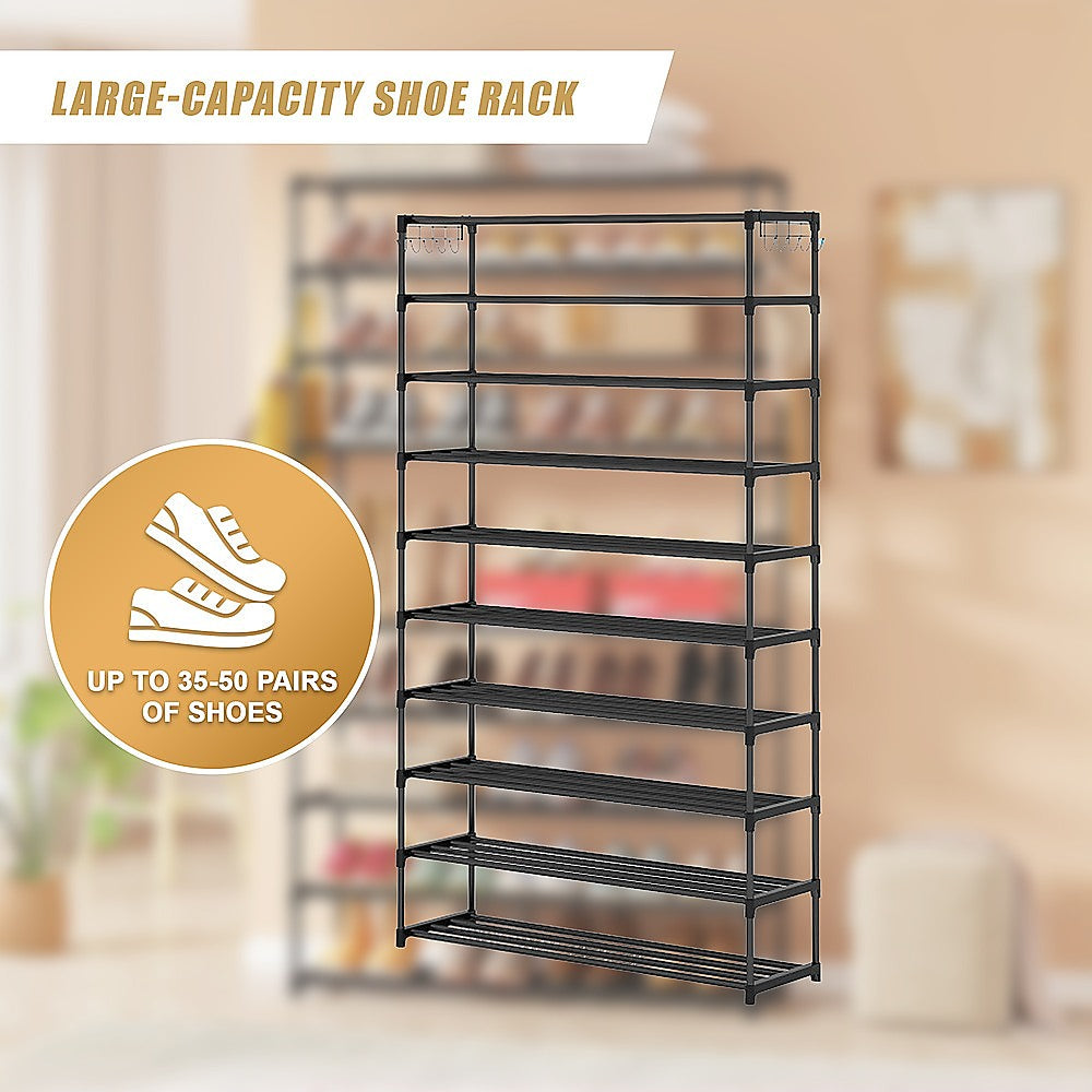 10-Tier Metal Shoe Rack Black - Large 50-Pair Shoe Storage Organiser Shelf V63-840551
