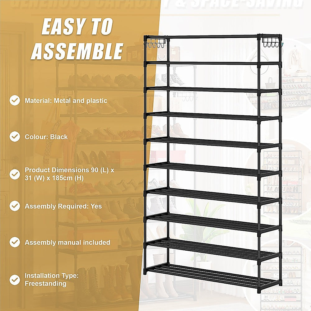 10-Tier Metal Shoe Rack Black - Large 50-Pair Shoe Storage Organiser Shelf V63-840551