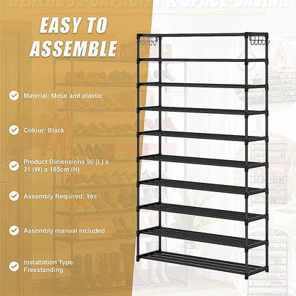 10-Tier Metal Shoe Rack Black - Large 50-Pair Shoe Storage Organiser Shelf V63-840551