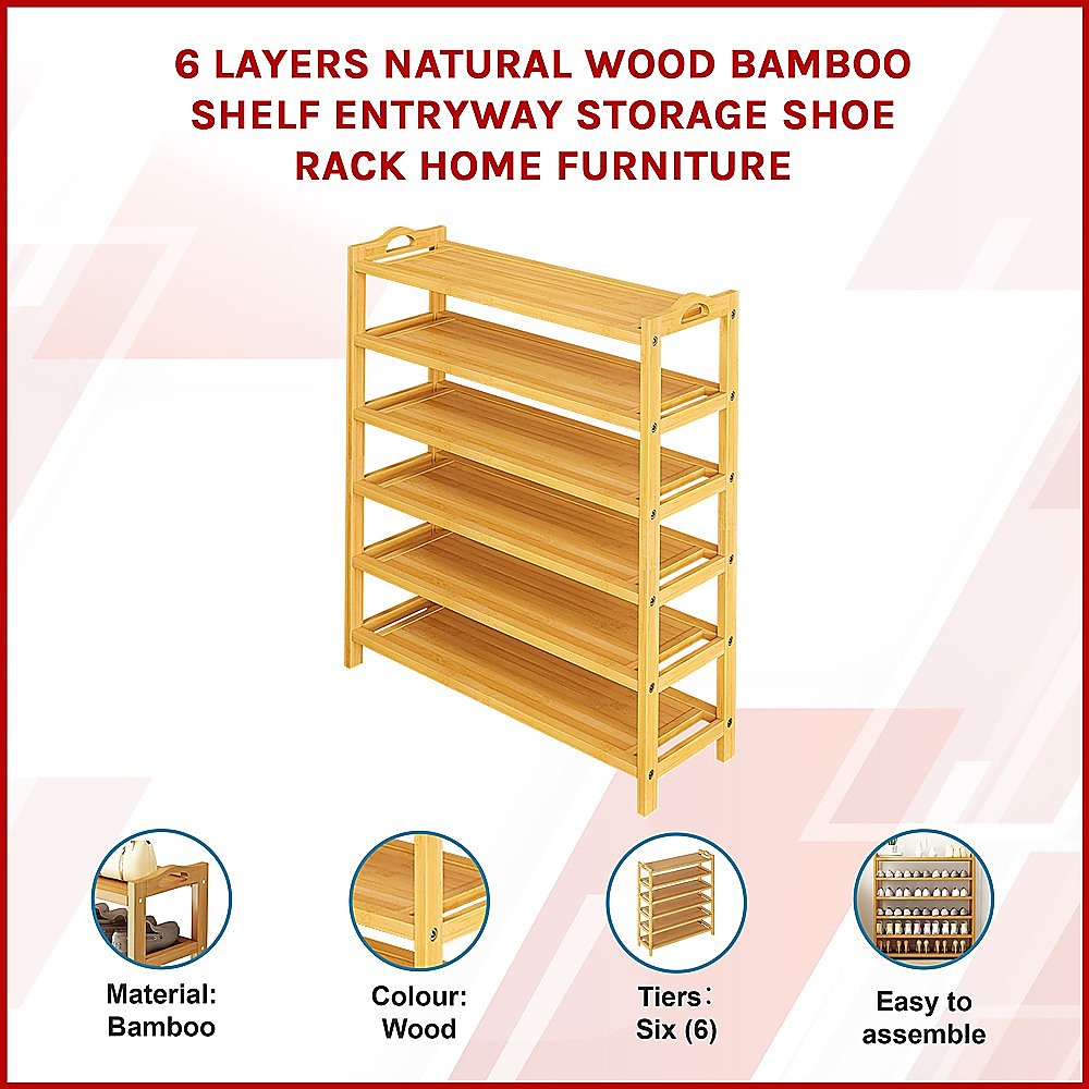 6 Layers Natural Wood Bamboo Shelf Entryway Storage Shoe Rack Home Furniture V63-840561