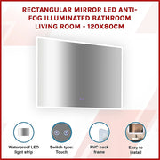 Rectangular Mirror LED Anti-Fog Illuminated Bathroom Living Room - 120x80cm V63-840621
