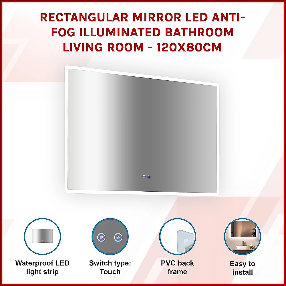 Rectangular Mirror LED Anti-Fog Illuminated Bathroom Living Room - 120x80cm V63-840621