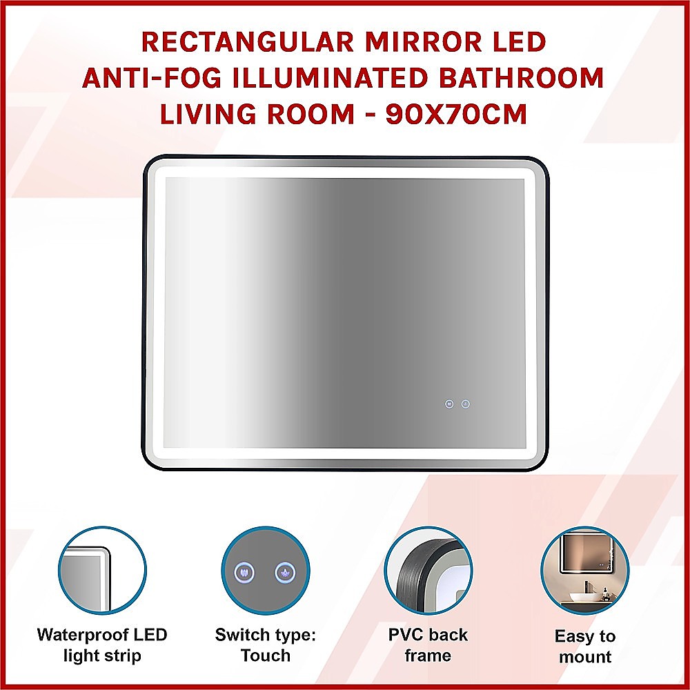 Rectangular Mirror LED Anti-Fog Illuminated Bathroom Living Room - 90x70cm V63-840631