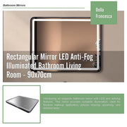 Rectangular Mirror LED Anti-Fog Illuminated Bathroom Living Room - 90x70cm V63-840631