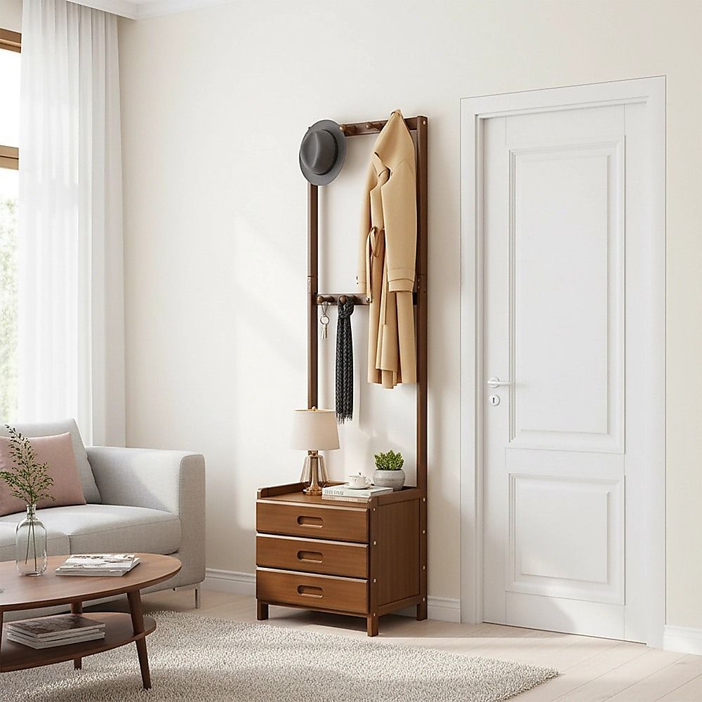 42x165cm Dark Wood Wooden Hall Stand Floor Coat Rack with Drawer Modern Minimalist V63-840691