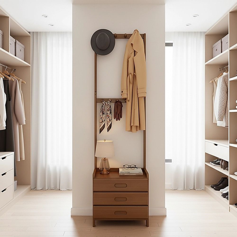 42x165cm Dark Wood Wooden Hall Stand Floor Coat Rack with Drawer Modern Minimalist V63-840691