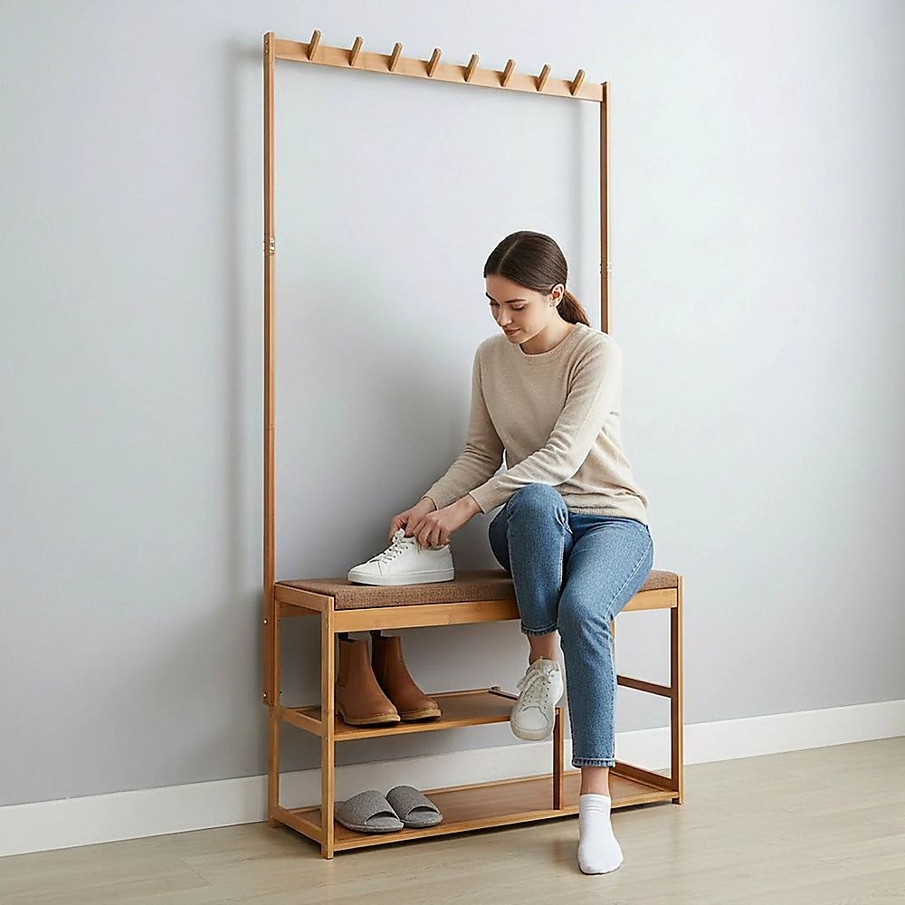 97x168cm Hallway Bench Coat Rack Stand Multifunctional Hall Shelf Entryway V63-840711