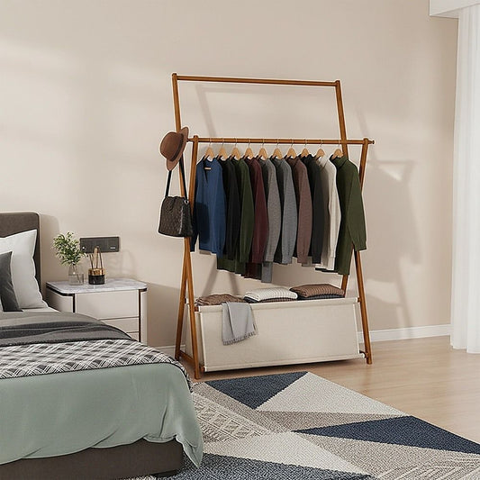 100x155cm Dark Wood Clothes Rail Garment Rack with Freestanding Storage Shelf V63-840741