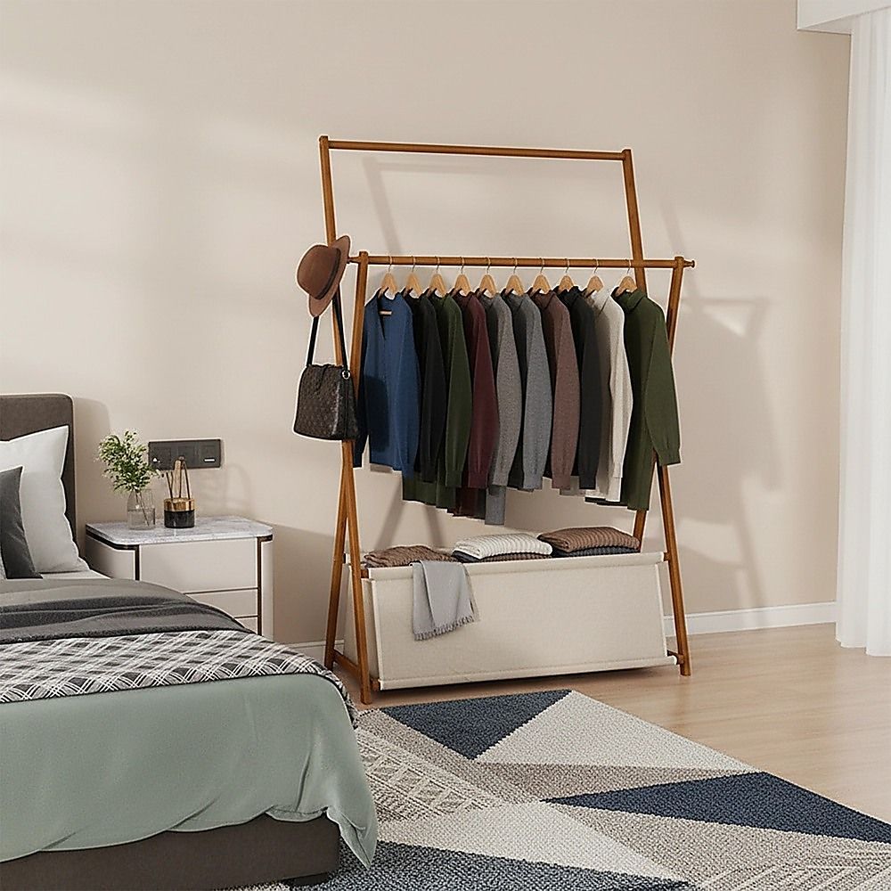 100x155cm Dark Wood Clothes Rail Garment Rack with Freestanding Storage Shelf