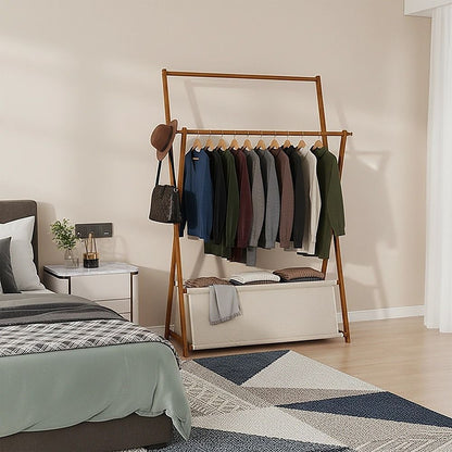 100x155cm Dark Wood Clothes Rail Garment Rack with Freestanding Storage Shelf