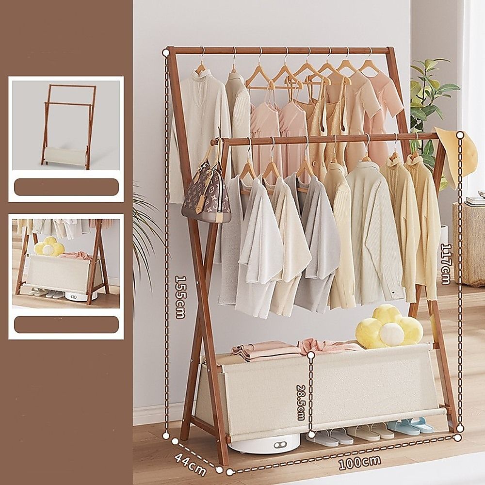 100x155cm Dark Wood Clothes Rail Garment Rack with Freestanding Storage Shelf V63-840741