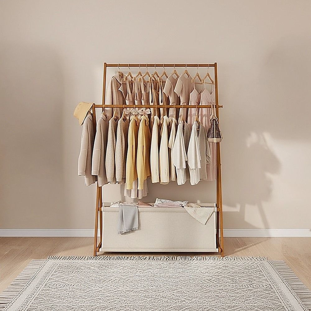 100x155cm Dark Wood Clothes Rail Garment Rack with Freestanding Storage Shelf
