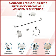Bathroom Accessories Set 6 Piece Pack Chrome Wall Mounted Easy Fittings V63-840911