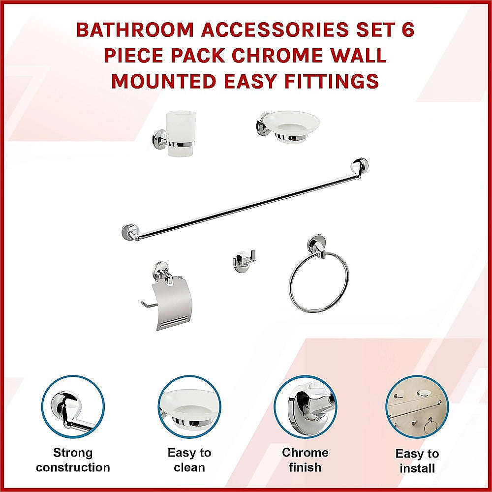 Bathroom Accessories Set 6 Piece Pack Chrome Wall Mounted Easy Fittings V63-840911