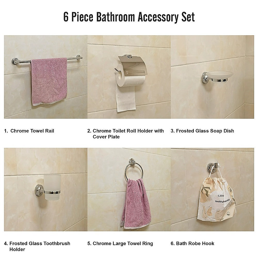 Bathroom Accessories Set 6 Piece Pack Chrome Wall Mounted Easy Fittings V63-840911