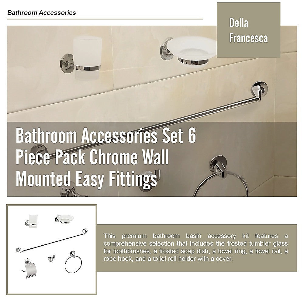 Bathroom Accessories Set 6 Piece Pack Chrome Wall Mounted Easy Fittings V63-840911
