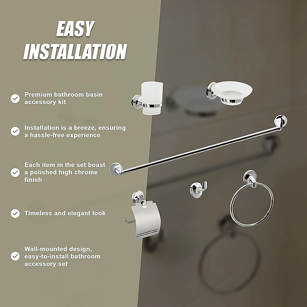 Bathroom Accessories Set 6 Piece Pack Chrome Wall Mounted Easy Fittings V63-840911