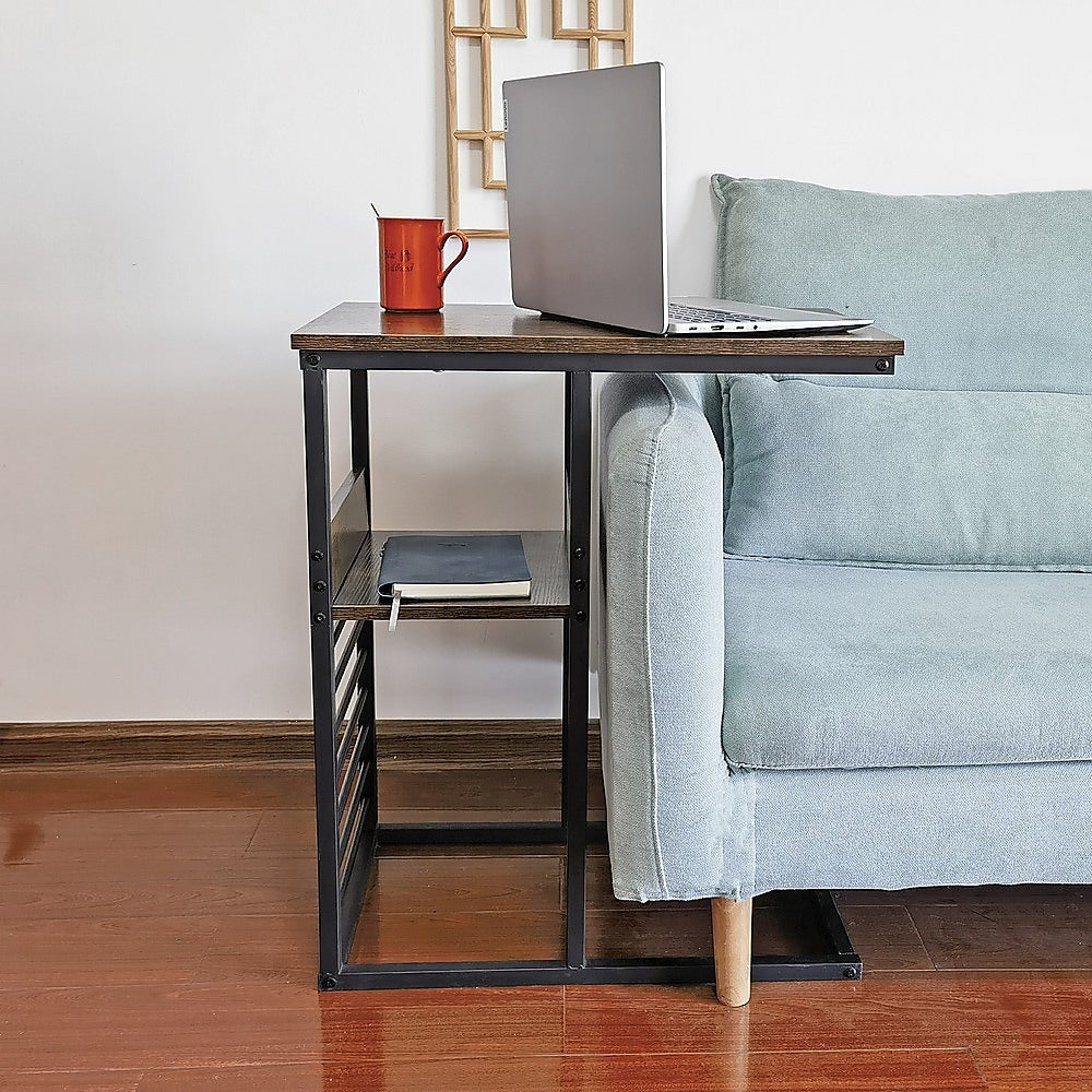 Industrial C Shaped Sofa Side Table with Wooden Shelf Couch Laptop Snack End Table