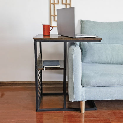 Industrial C Shaped Sofa Side Table with Wooden Shelf Couch Laptop Snack End Table