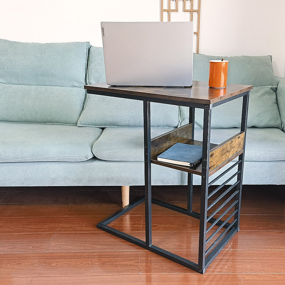 Industrial C Shaped Sofa Side Table with Wooden Shelf Couch Laptop Snack End Table
