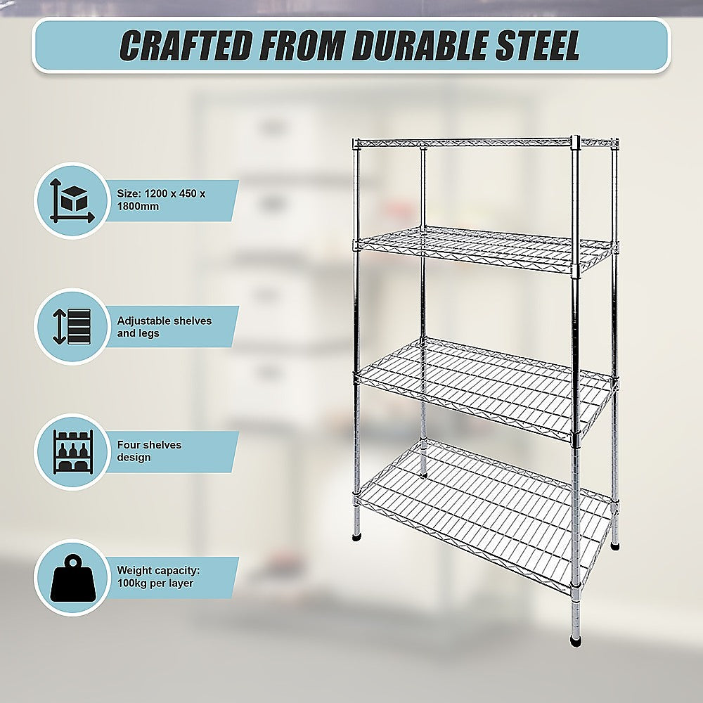 Modular Wire Storage 120x45cm Steel Shelving Chrome With Fixed Legs For Garage Kitchen Or Retail Storage V63-841021