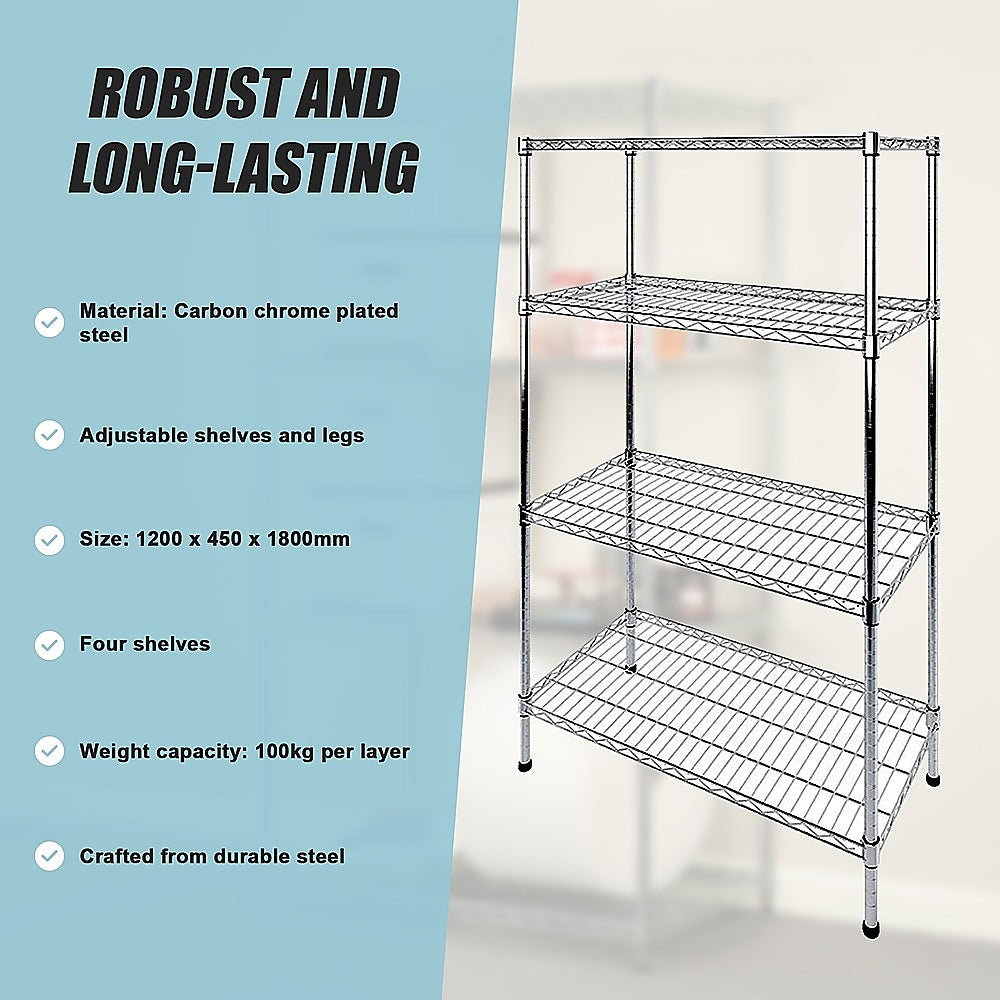 Modular Wire Storage 120x45cm Steel Shelving Chrome With Fixed Legs For Garage Kitchen Or Retail Storage V63-841021