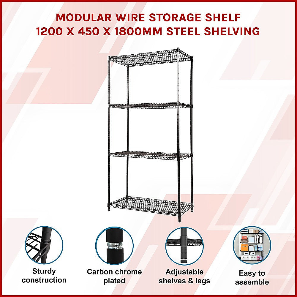 Modular Wire Storage 120x45cm Steel Shelving Black With Fixed Legs For Garage Kitchen Or Retail Storage V63-841031