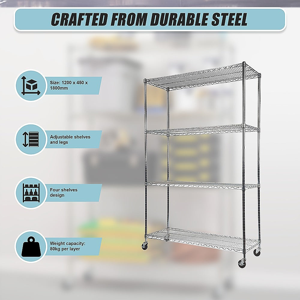 Modular Wire Storage 120x45cm Steel Shelving Chrome With Wheels For Garage Kitchen Or Retail Storage V63-841041
