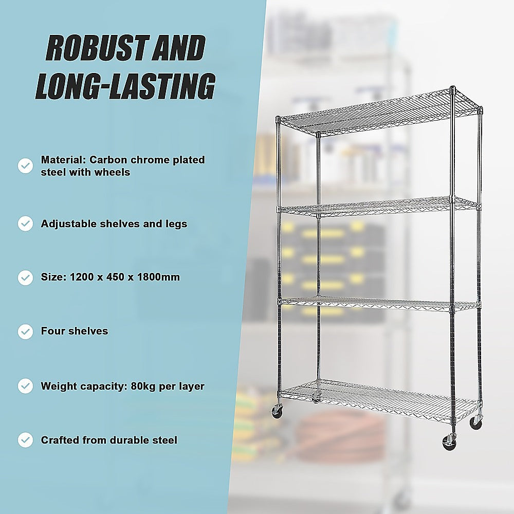 Modular Wire Storage 120x45cm Steel Shelving Chrome With Wheels For Garage Kitchen Or Retail Storage V63-841041