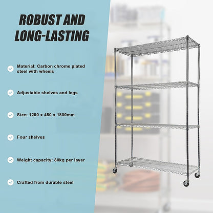 Modular Wire Storage 120x45cm Steel Shelving Chrome With Wheels For Garage Kitchen Or Retail Storage V63-841041