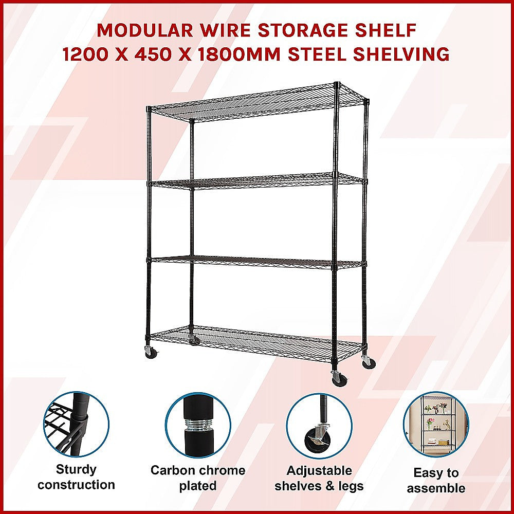 Modular Wire Storage 120x45cm Steel Shelving Black With Wheels For Garage Kitchen Or Retail Storage V63-841051