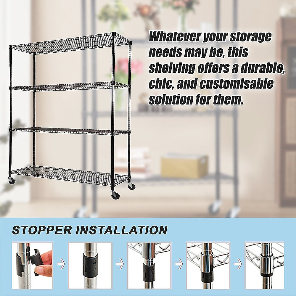Modular Wire Storage 120x45cm Steel Shelving Black With Wheels For Garage Kitchen Or Retail Storage V63-841051