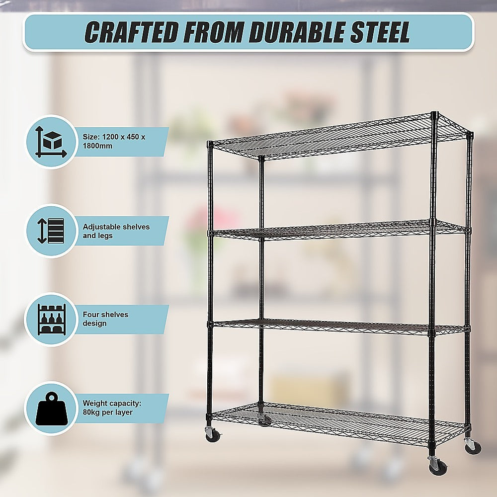 Modular Wire Storage 120x45cm Steel Shelving Black With Wheels For Garage Kitchen Or Retail Storage V63-841051