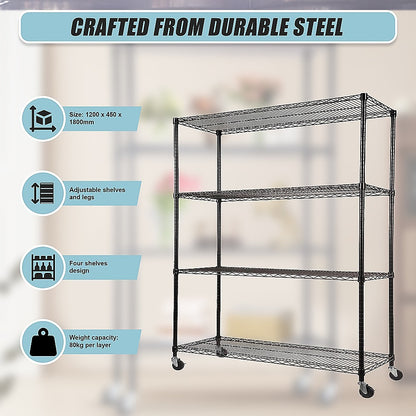 Modular Wire Storage 120x45cm Steel Shelving Black With Wheels For Garage Kitchen Or Retail Storage V63-841051
