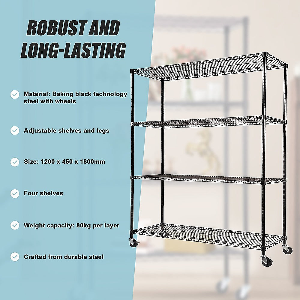 Modular Wire Storage 120x45cm Steel Shelving Black With Wheels For Garage Kitchen Or Retail Storage V63-841051