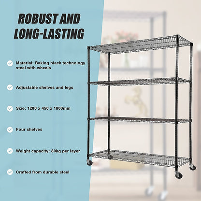 Modular Wire Storage 120x45cm Steel Shelving Black With Wheels For Garage Kitchen Or Retail Storage V63-841051