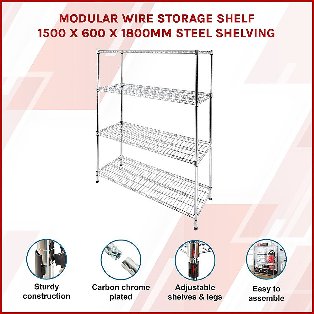 Modular Wire Storage 150x60cm Steel Shelving Chrome With Fixed Legs For Garage Warehouse Or Kitchen V63-841071