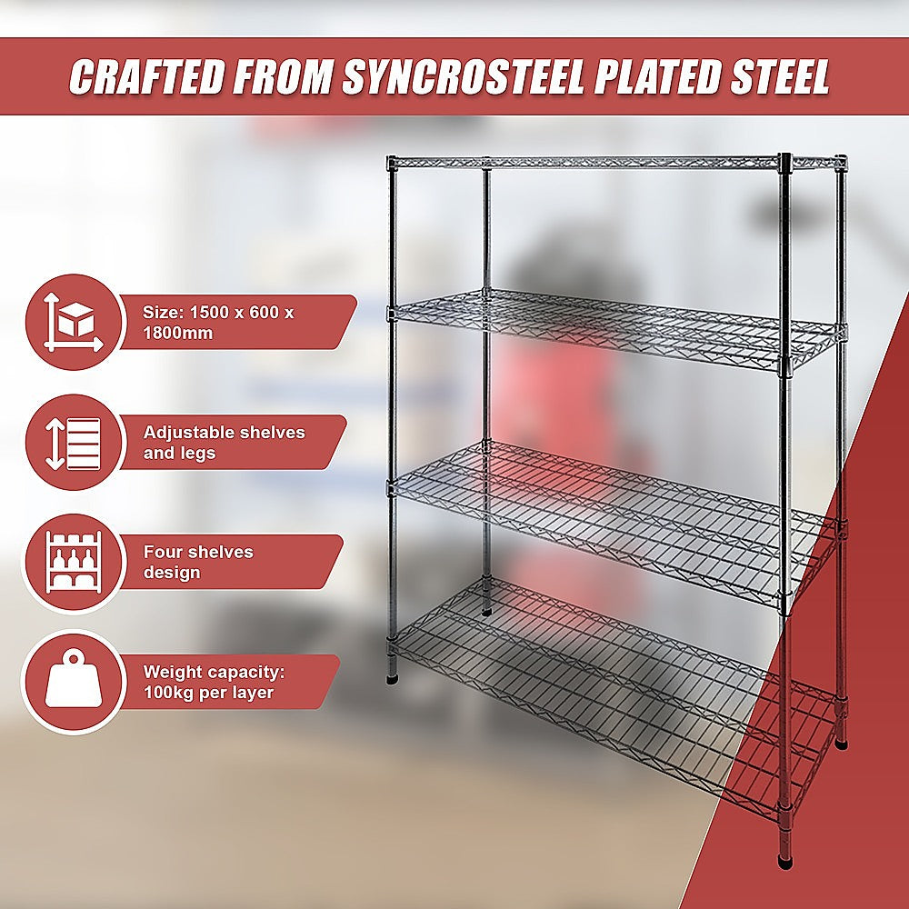 Modular Wire Storage 150x60cm Steel Shelving Chrome With Fixed Legs For Garage Warehouse Or Kitchen V63-841071