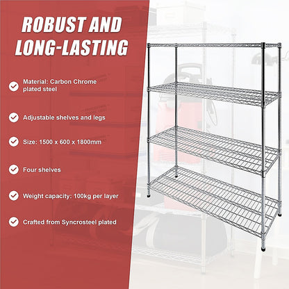 Modular Wire Storage 150x60cm Steel Shelving Chrome With Fixed Legs For Garage Warehouse Or Kitchen V63-841071
