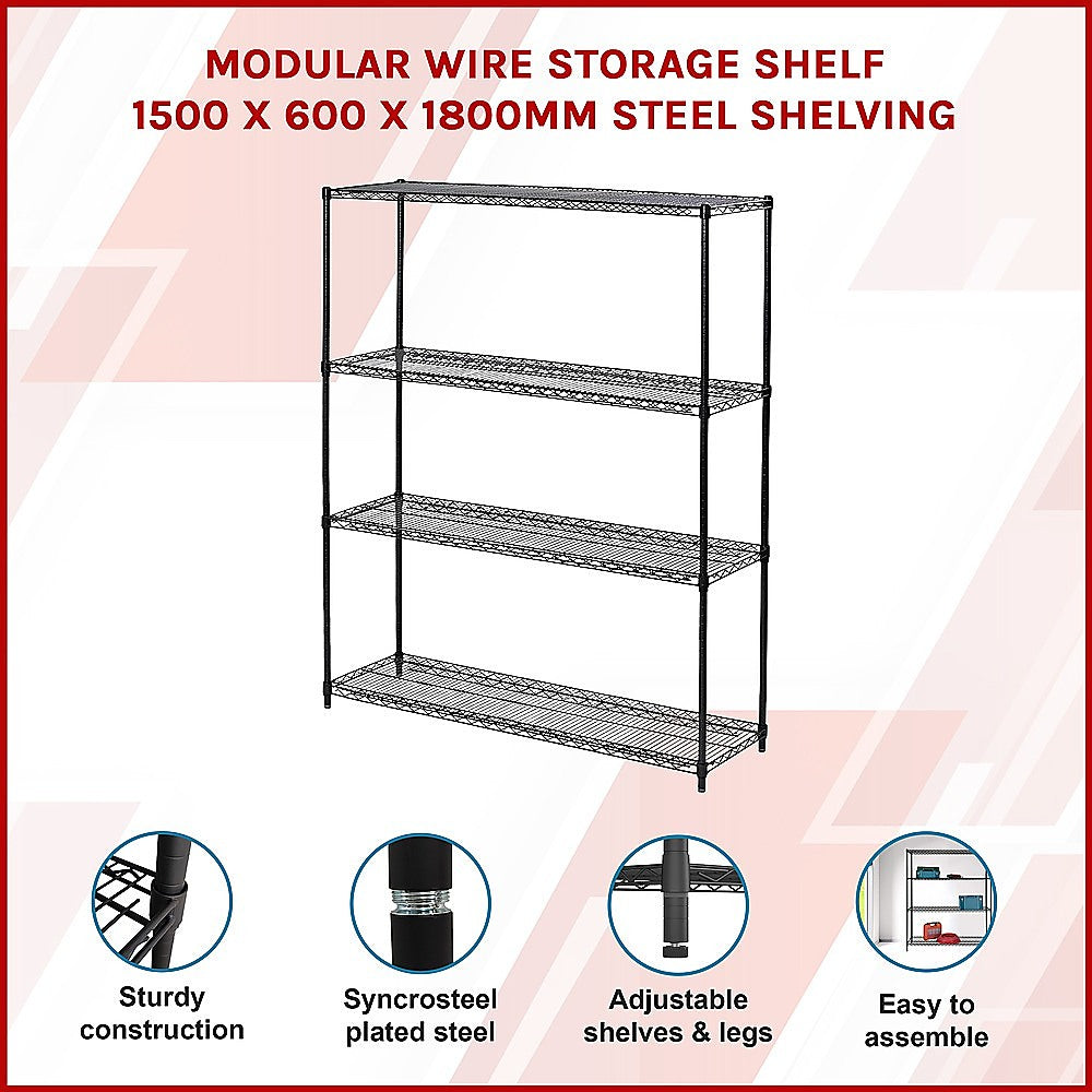 Modular Wire Storage 150x60cm Steel Shelving Black With Fixed Legs For Garage Warehouse Or Kitchen V63-841081