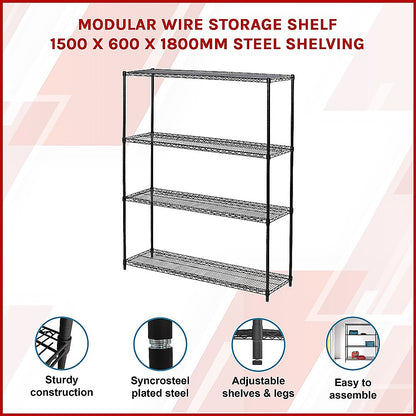 Modular Wire Storage 150x60cm Steel Shelving Black With Fixed Legs For Garage Warehouse Or Kitchen V63-841081
