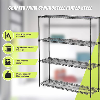 Modular Wire Storage 150x60cm Steel Shelving Black With Fixed Legs For Garage Warehouse Or Kitchen V63-841081