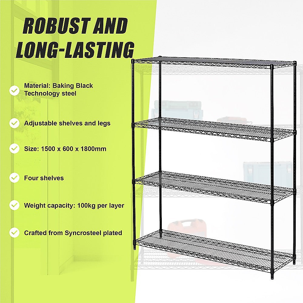 Modular Wire Storage 150x60cm Steel Shelving Black With Fixed Legs For Garage Warehouse Or Kitchen V63-841081