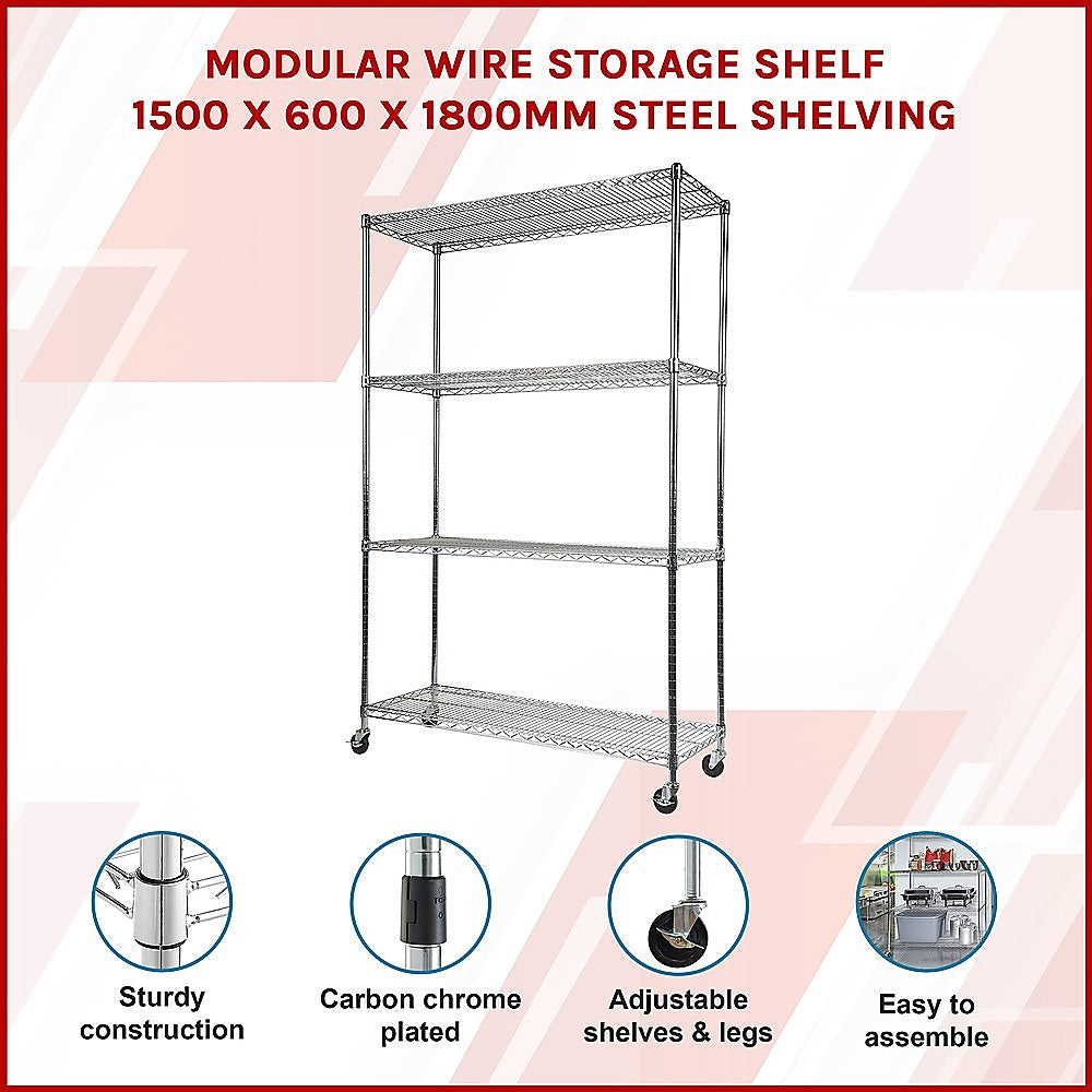 Modular Wire Storage 150x60cm Steel Shelving Chrome With Wheels For Garage Warehouse Or Kitchen Organisation V63-841091